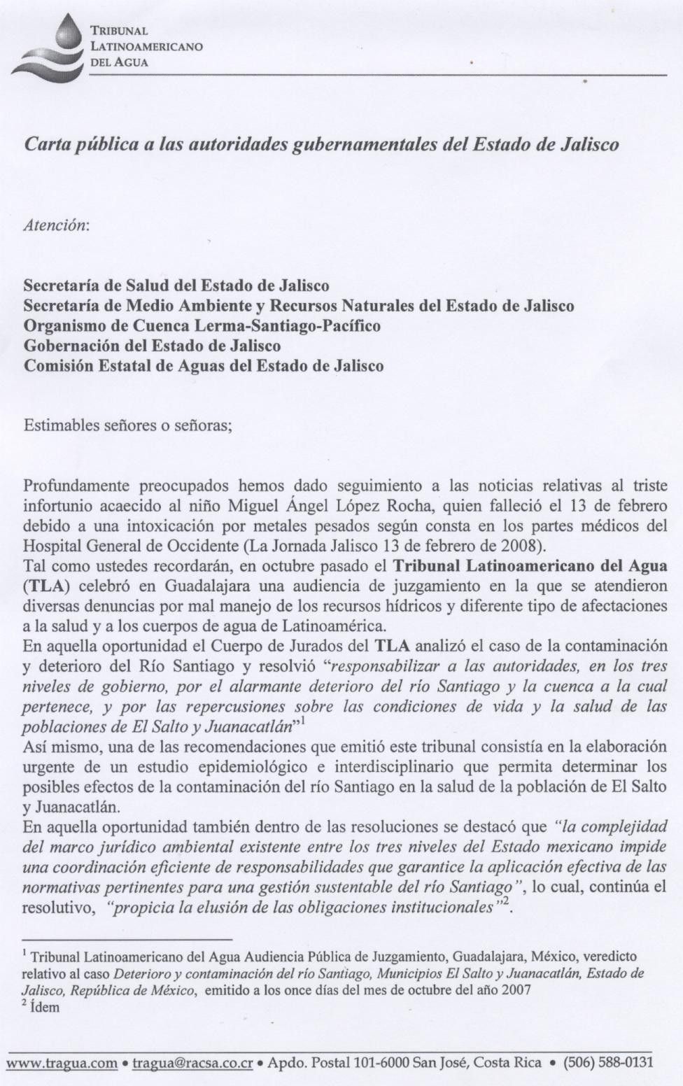 Pronunciamiento del Tribunal Latinoamericano del Agua sobre la contaminación del río Santiago