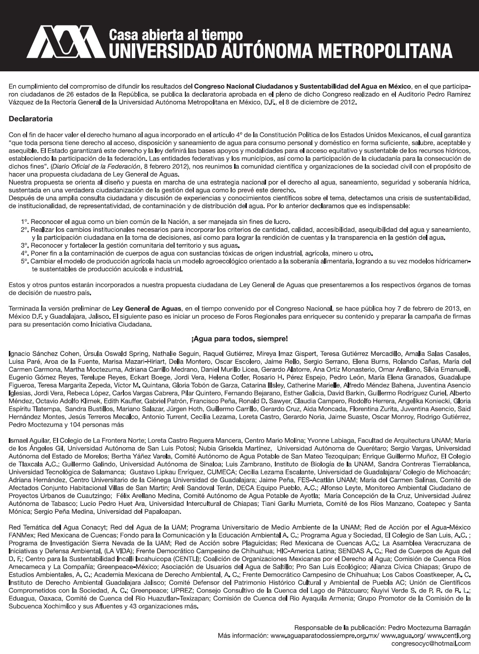 Declaratoria Agua para todos, siempre