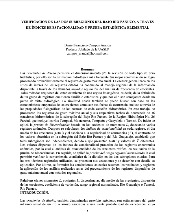 Verificación de las dos subregiones del Bajo Río Pánuco, a través de indices de estacionalidad y prueba estadística elemental (Artículo)