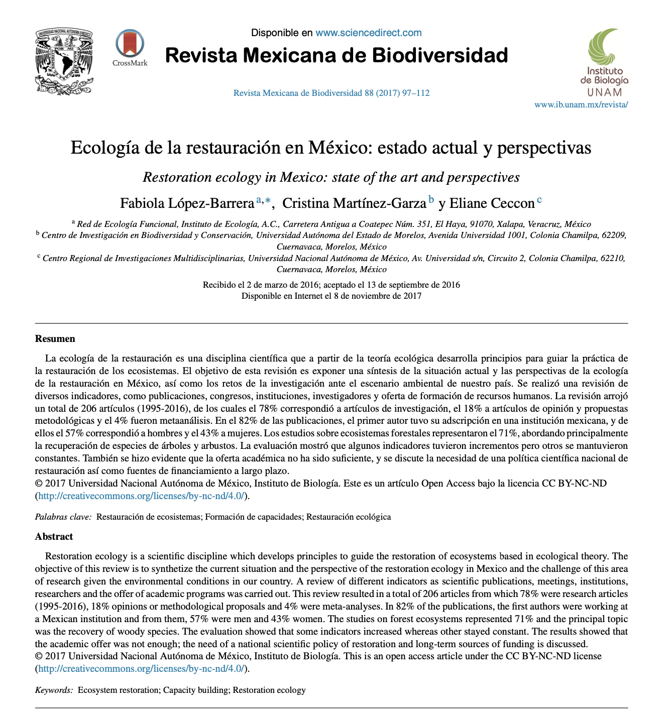 Revista Mexicana de Biodiversidad- Ecología de la restauración en México: estado actual y perspectivas