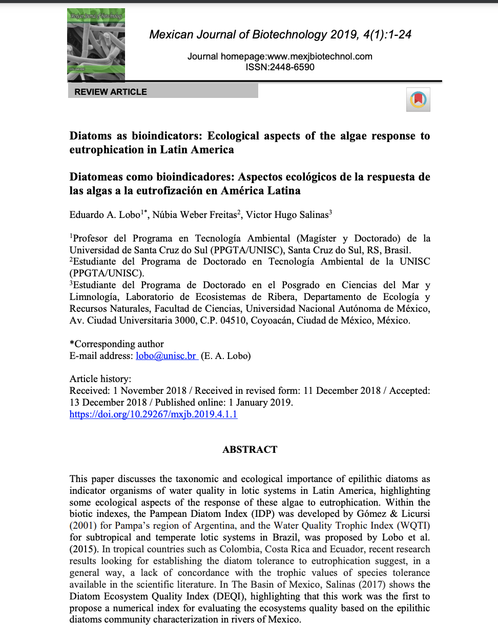 Diatomeas como bioindicadores: Aspectos ecológicos de la respuesta de las algas a la eutrofización en América Latina (Artículo)-Mexican Journal of Biotechnology