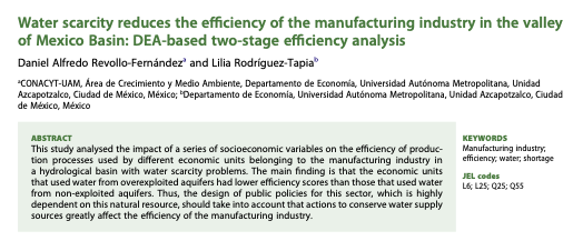 Water scarcity reduces the efficiency of the manufacturing industry in the valley of Mexico Basin: DEA-based two-stage efficiency analysis (Artículo)