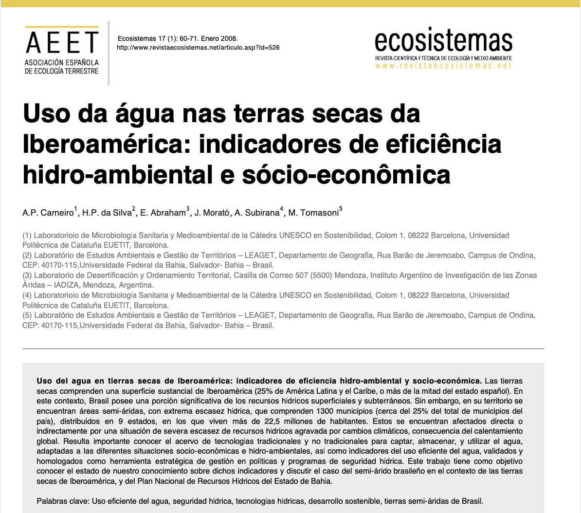 Uso del agua en tierras secas de Iberoamérica: indicadores de eficiencia hidro-ambiental y socio-económica (Ecosistemas)