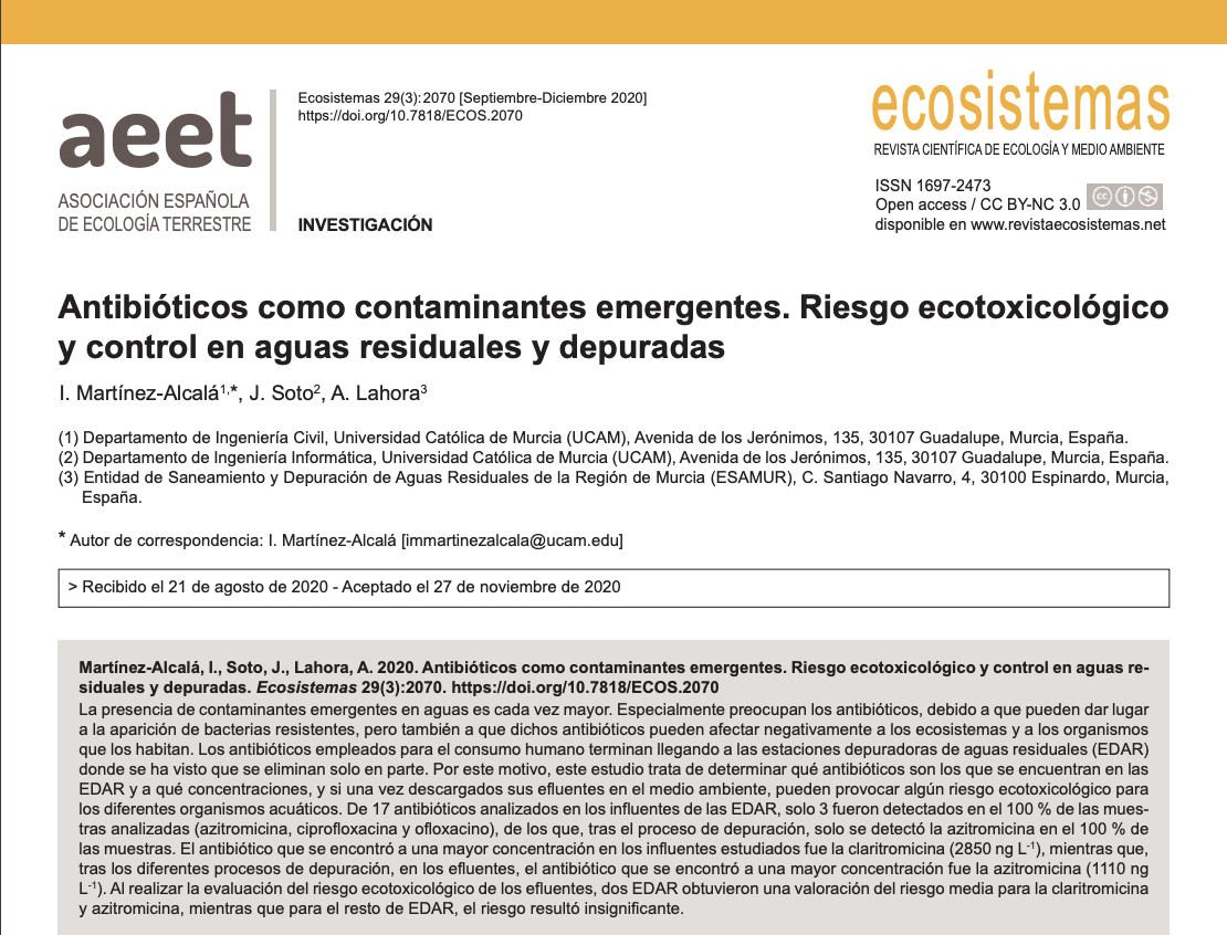 Antibióticos como contaminantes emergentes. Riesgo ecotoxicológico y control en aguas residuales y depuradas (Artículo)- Ecosistemas