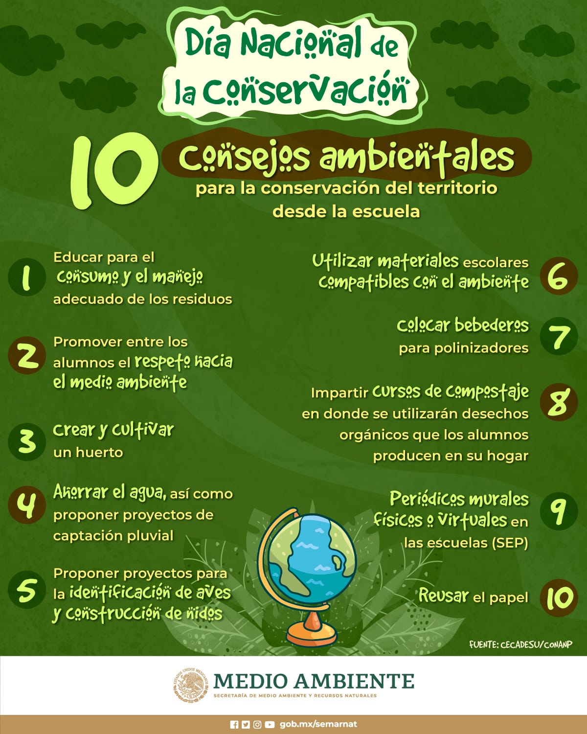 Día Nacional de la Conservación, 10 consejos ambientales para la conservación desde la escuela (Infografía)- SEMARNAT