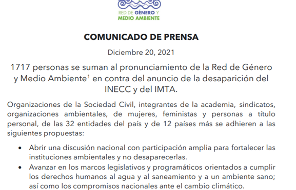 México-Comunicado de prensa (Red de Género y Medio Ambiente)