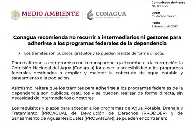 Conagua recomienda no recurrir a intermediarios ni gestores para adherirse a los programas federales de la dependencia (CONAGUA)