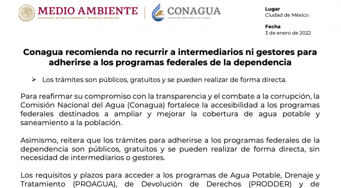 Conagua recomienda no recurrir a intermediarios ni gestores para adherirse a los programas federales de la dependencia (CONAGUA)