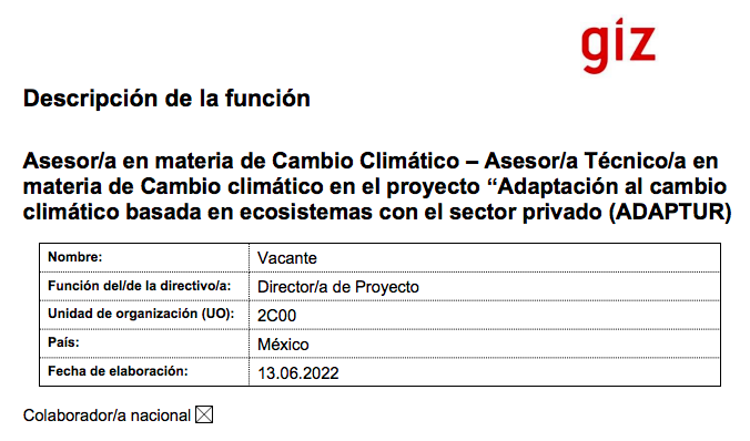 Asesor/a en materia de adaptación al cambio climático en el proyecto ADAPTUR (GIZ México)