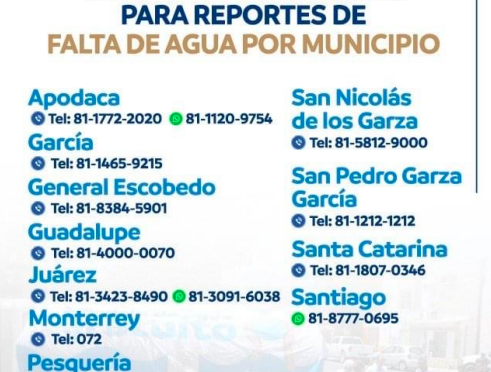 Nuevo León- Teléfonos de atención para reportes de falta de agua (nl.gob.mx)