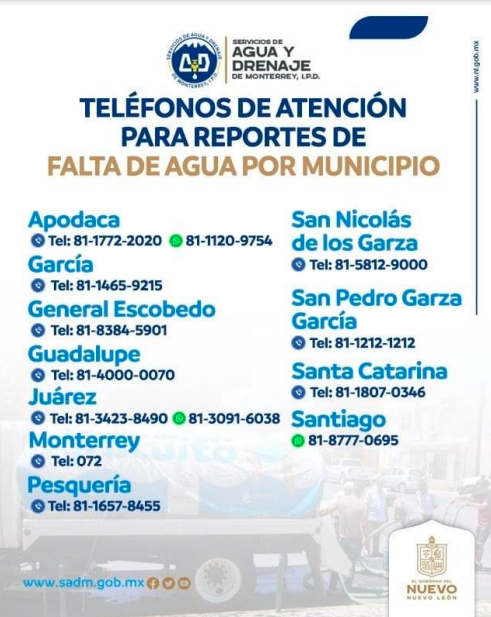 Nuevo León- Teléfonos de atención para reportes de falta de agua (nl.gob.mx)