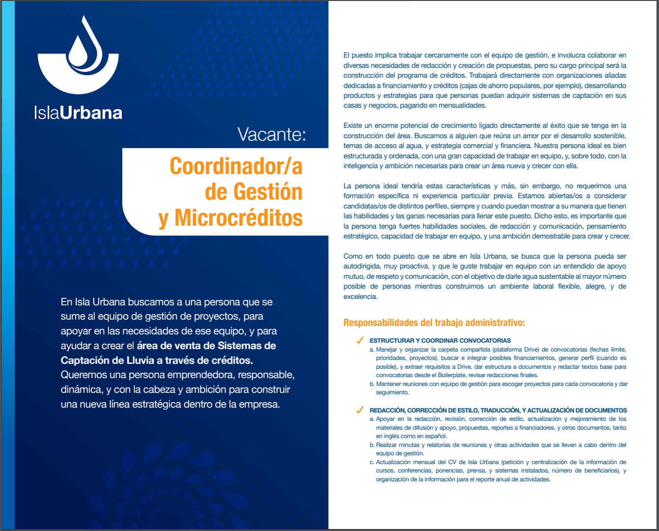 Vacante: Coordinador (a) de gestión y microcréditos (Isla Urbana)