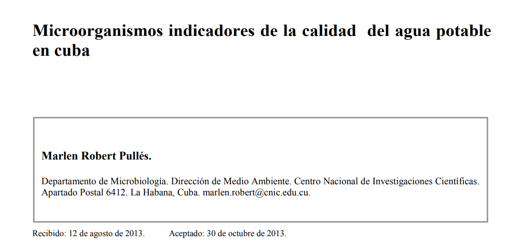 Microorganismos indicadores de la calidad del agua potable en Cuba (Redalyc)