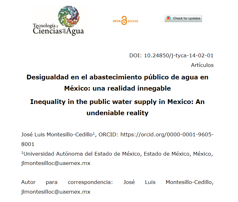 Desigualdad en el abastecimiento público de agua en México: una realidad innegable (Tecnología y Ciencias del Agua – IMTA)