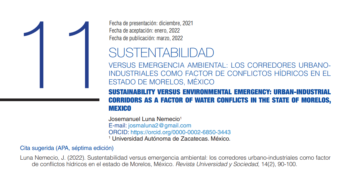 Sustentabilidad versus emergencia ambiental: los corredores urbano-industriales como factor de conflictos hídricos en el estado de Morelos, México (SCIELO)