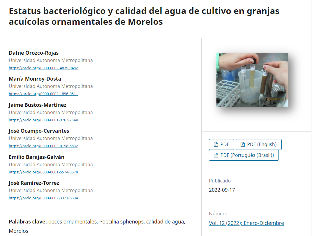 Estatus bacteriológico y calidad del agua de cultivo en granjas acuícolas ornamentales de Morelos (AV)