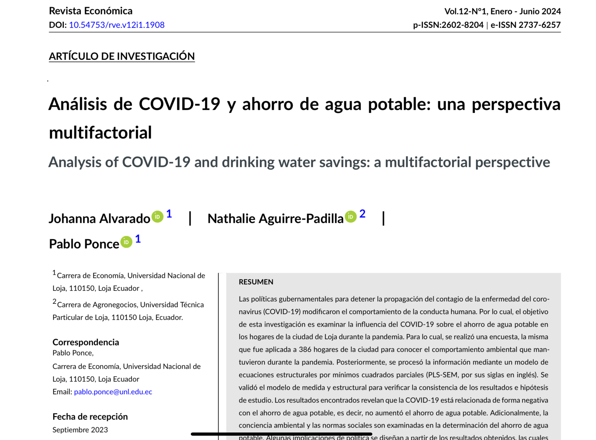 Análisis de COVID-19 y ahorro de agua potable: una perspectiva multifactorial (Revista Económica)