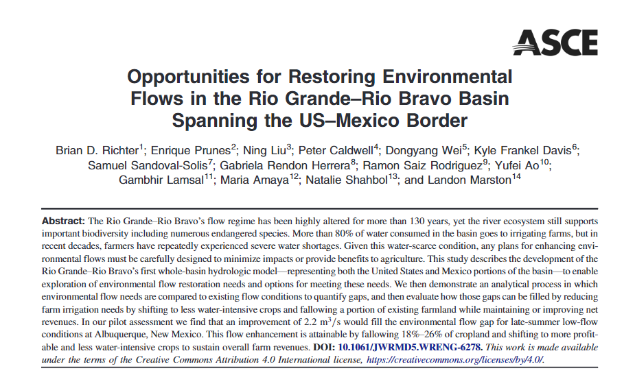 Opportunities for Restoring Environmental Flows in the Rio Grande–Rio Bravo Basin Spanning the US–Mexico Border (ASCE Library)