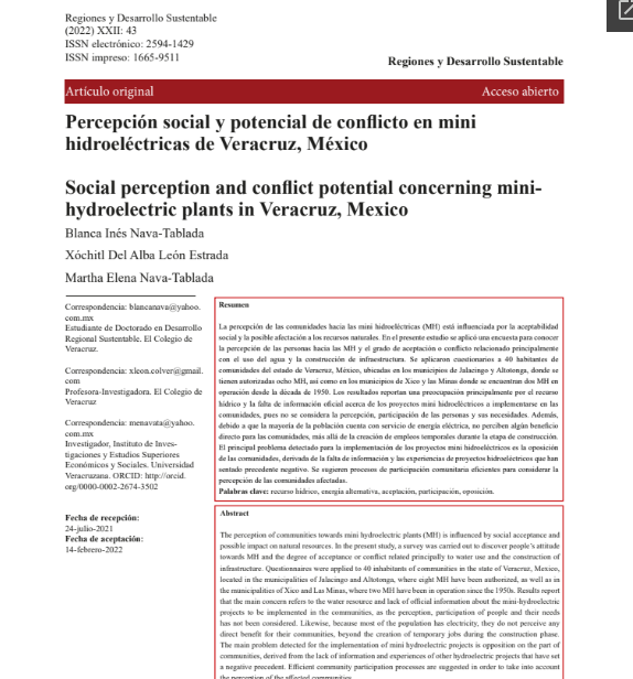 Percepción Social y Potencial de conflicto en mini hidroeléctricas de Veracruz, México (Cotlax))