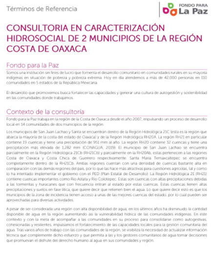Convocatoria – Consultoría en caracterización hidrosocial de 2 municipios de la región costa de Oaxaca  (Fondo para La Paz, IAP)