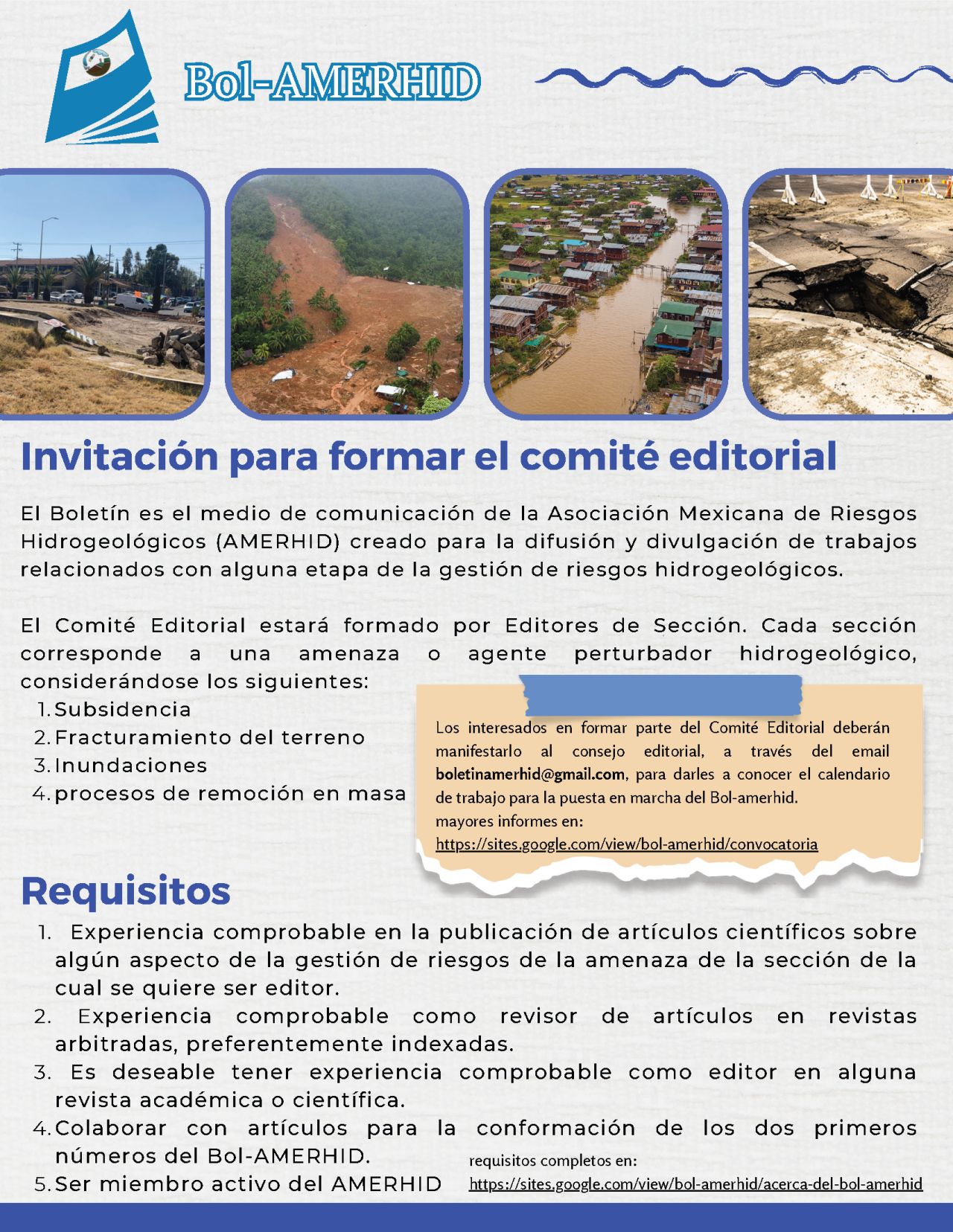 Invitación para formar el comité editorial (Asociación Mexicana de Riesgos Hidrogeológicos, A.C.)
