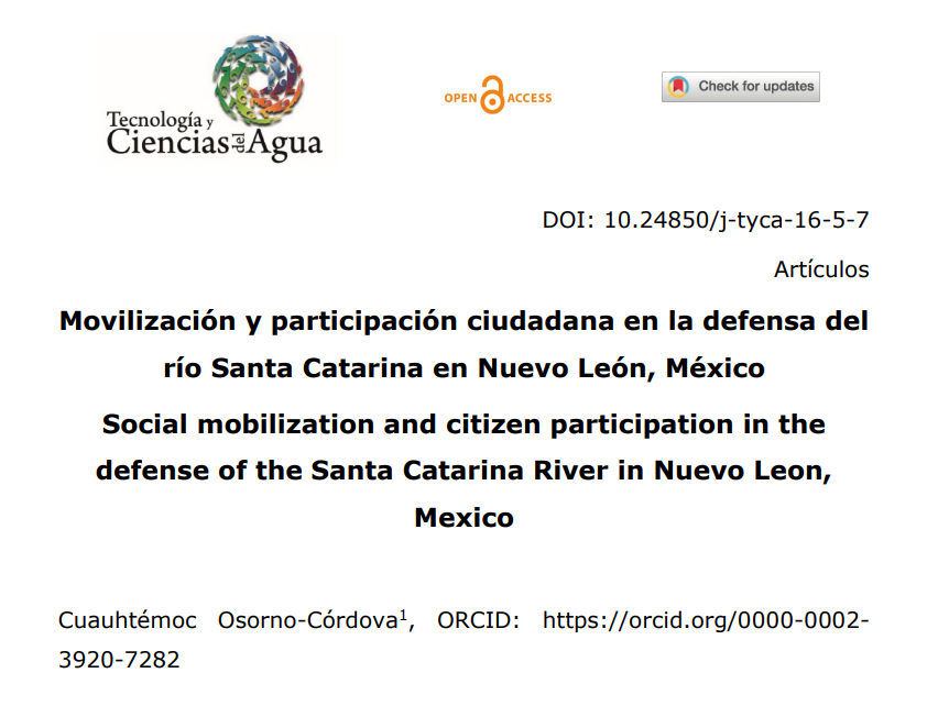 Movilización y participación ciudadana en la defensa del río Santa Catarina en Nuevo León, México (Tecnología y Ciencias del Agua)