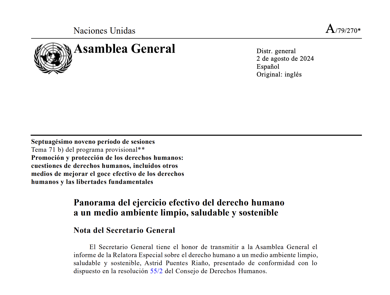 Panorama del ejercicio efectivo del derecho humano a un medio ambiente limpio, saludable y sostenible (Naciones Unidas)