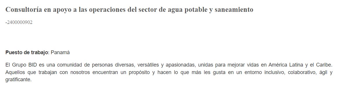 Vacante-Consultoría en apoyo a las operaciones del sector de agua potable y saneamiento (BID)