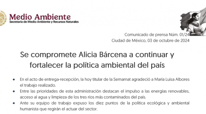 México- Se compromete Alicia Bárcena a continuar y fortalecer la política ambiental del país