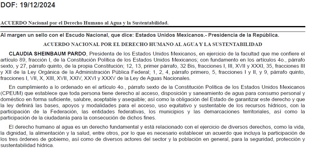 Acuerdo Nacional por el Derecho Humano al Agua y la Sustentabilidad (DOF)