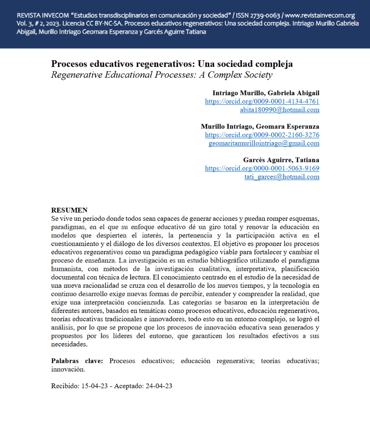 Procesos educativos regenerativos: Una sociedad compleja (REVISTA INVECOM)
