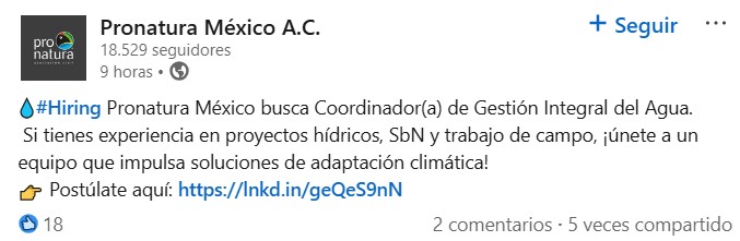 Vacante –  Coordinador(a) de Gestión Integral del Agua (Pronatura México A.C.)