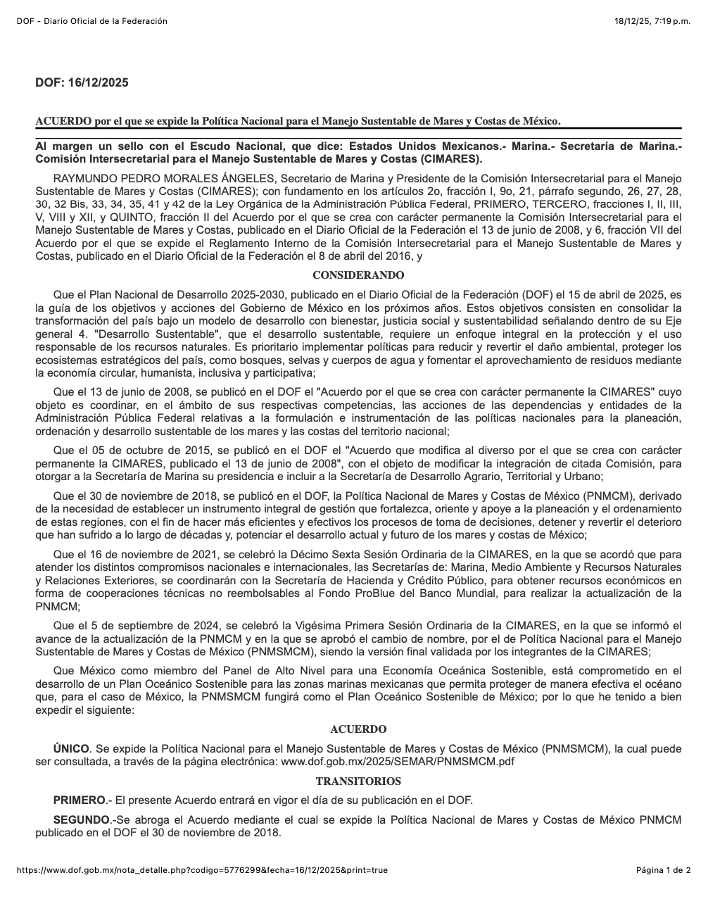 Acuerdo por el que se expide la Política Nacional para el Manejo Sustentable de Mares y Costas de México (DOF)