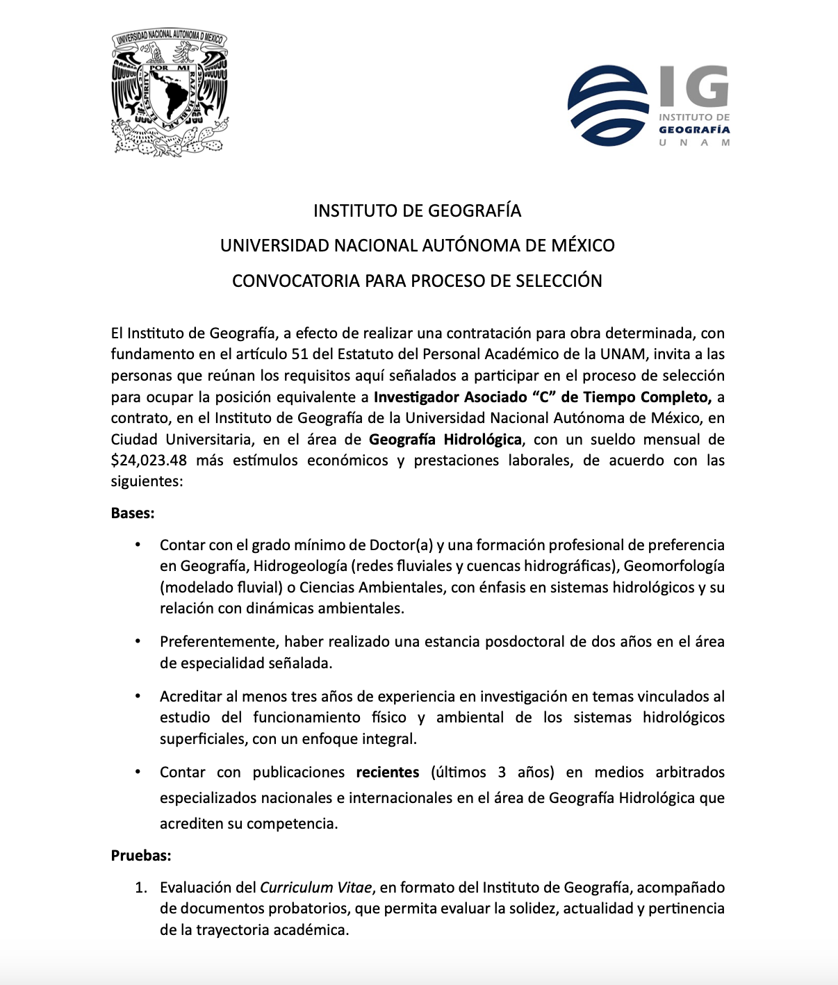 Vacante – Investigador Asociado C de tiempo completo en el Área de Geografía Hidrológica (Instituto de Geografía UNAM)