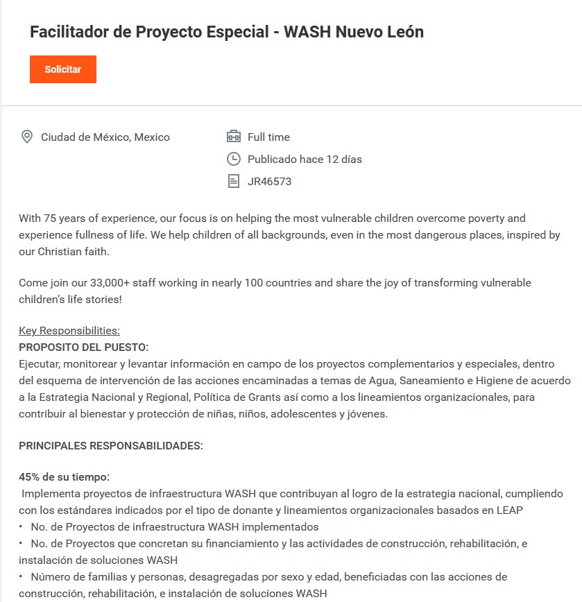 Vacante – Facilitador de Proyecto Especial (WASH Nuevo León)