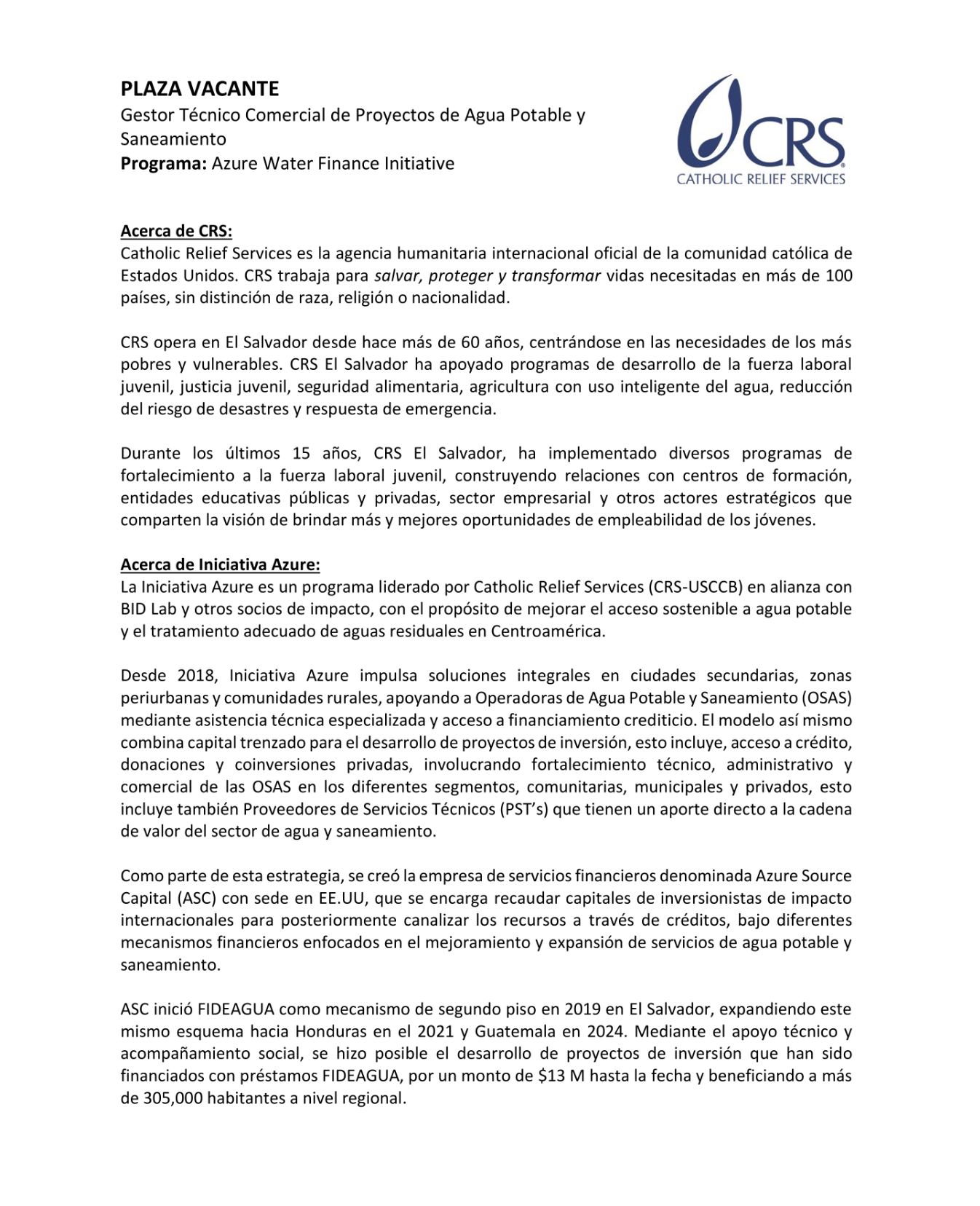 Vacante –  Gestor/a Técnico Comercial de Proyectos de Agua Potable y Saneamiento (Azure Source Capital)