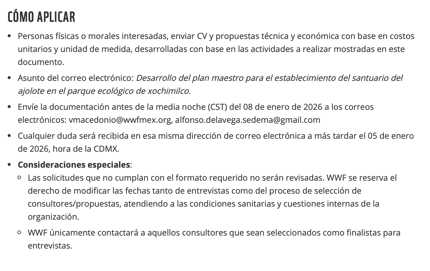 Consultoría: Desarrollo del plan maestro para el establecimiento del santuario del ajolote en el parque ecológico de Xochimilco (WWF)