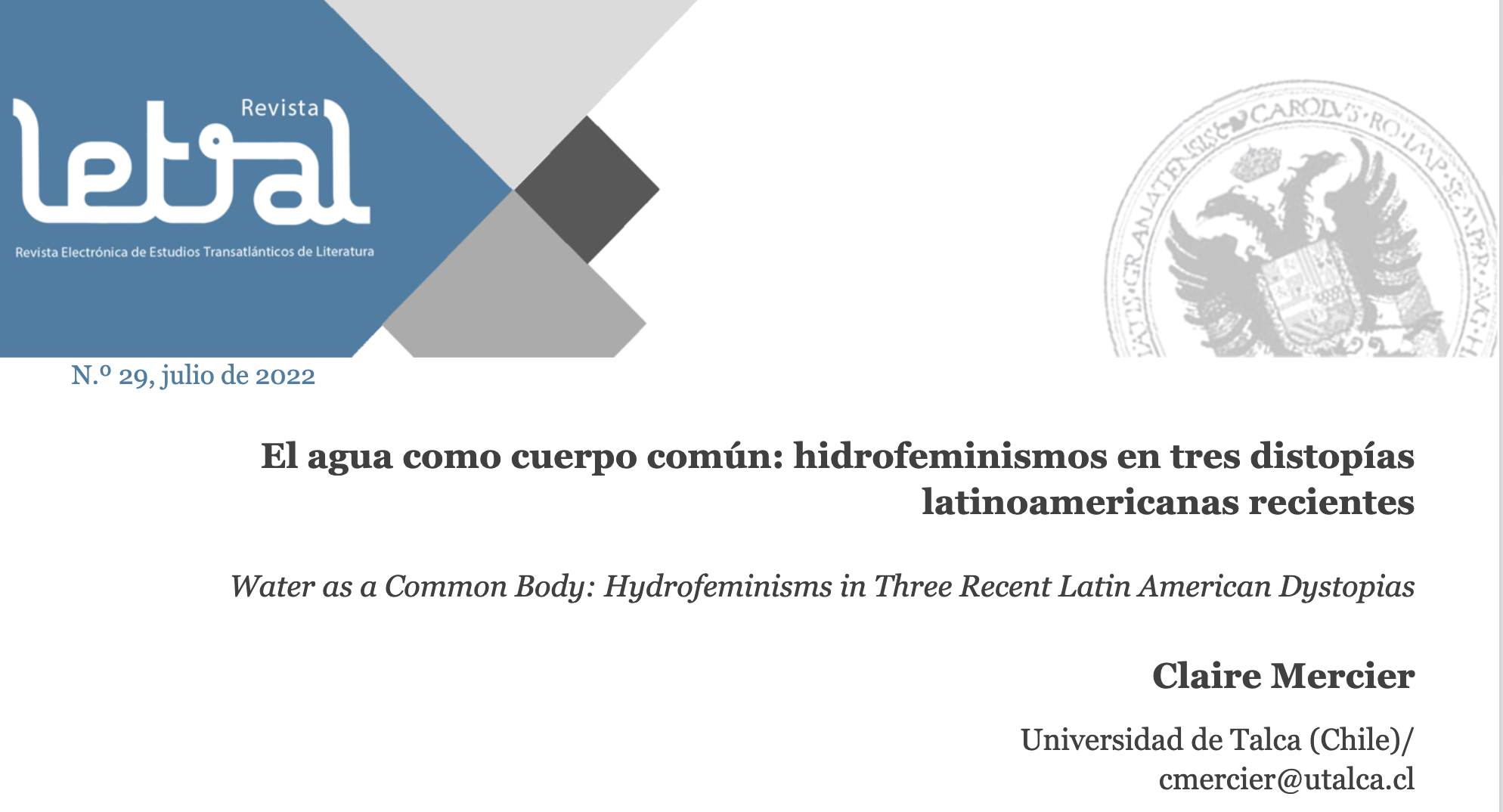 El agua como cuerpo común: hidrofeminismos en tres distopías latinoamericanas recientes (Revista académica Letral)