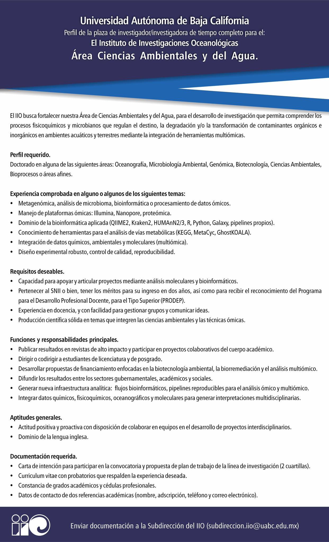 Vacante-Investigadora o Investigador de tiempo completo, para el Área de Ciencias Ambientales y del Agua (UABC)