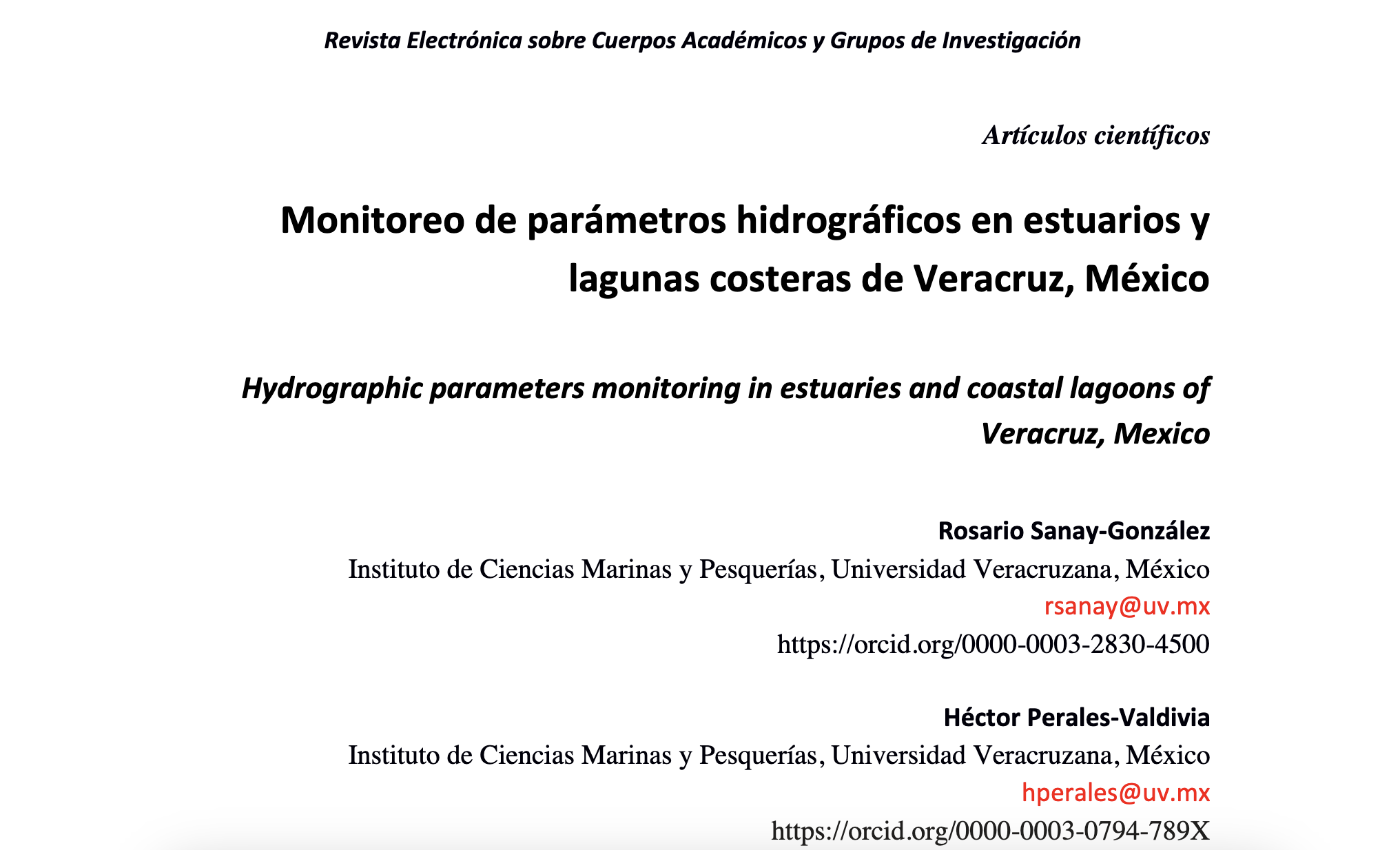 Monitoreo de parámetros hidrográficos en estuarios y lagunas costeras de Veracruz, México (Revista Electrónica sobre Cuerpos Académicos y Grupos de Investigación)