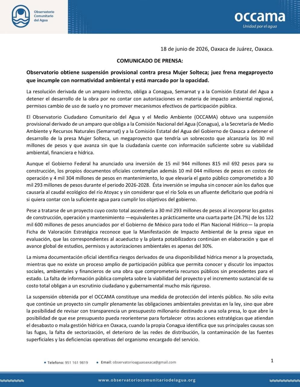 Oaxaca-Observatorio obtiene suspensión provisional contra presa Mujer Solteca; juez frena megaproyecto que incumple con normatividad ambiental y está marcado por la opacidad