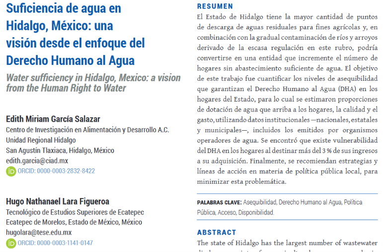 Suficiencia de agua en Hidalgo, México: Una visión desde el enfoque del Derecho Humano al Agua (UJA)