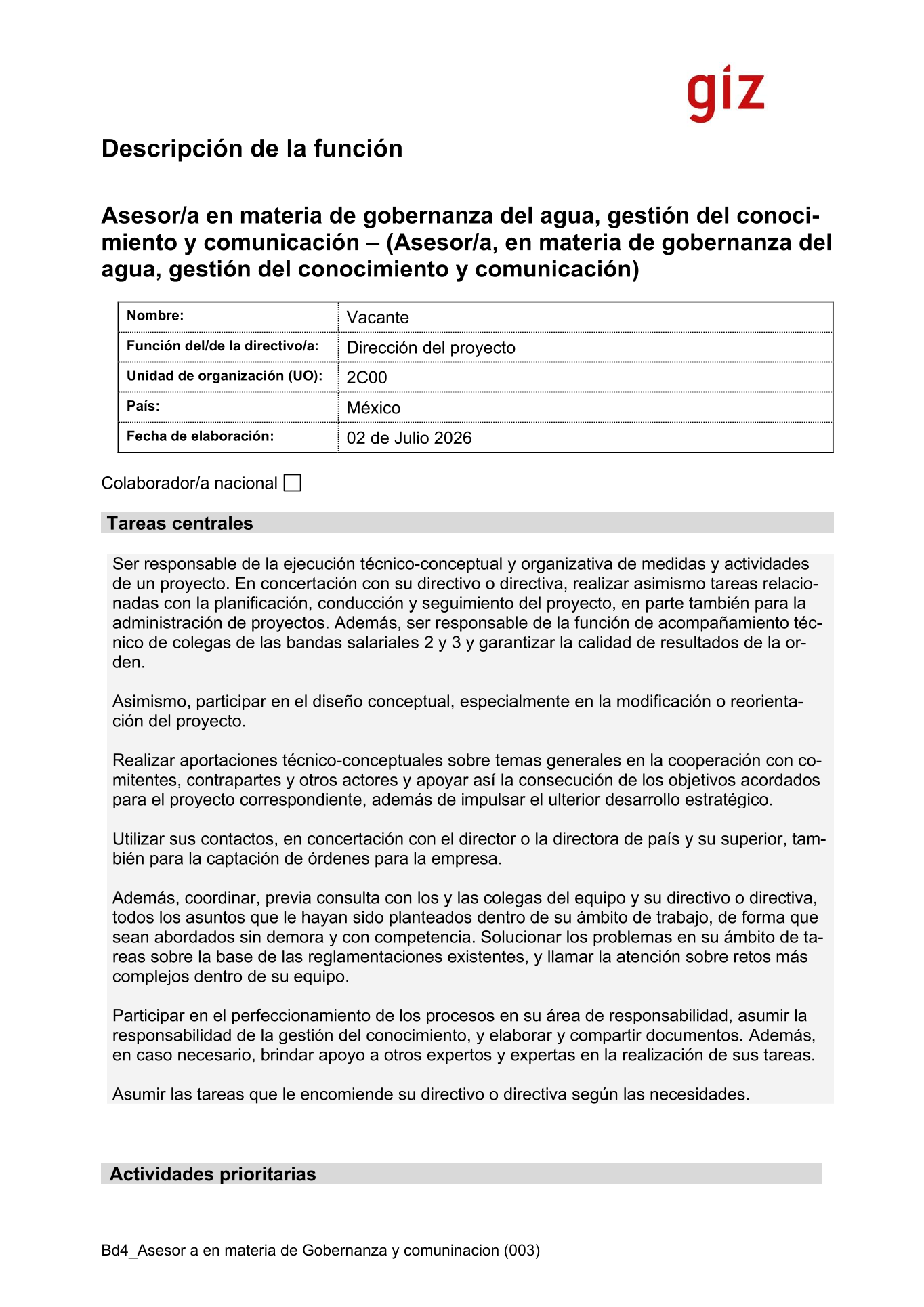 Vacante – Asesor/a en materia de gobernanza del agua, gestión del conocimiento y comunicación (GIZ México)