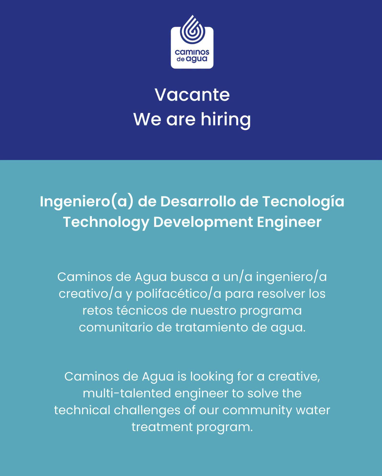 Vacante: Ingeniero(a) de Desarrollo de Tecnología / Technology Development Engineer (Caminos de Agua)