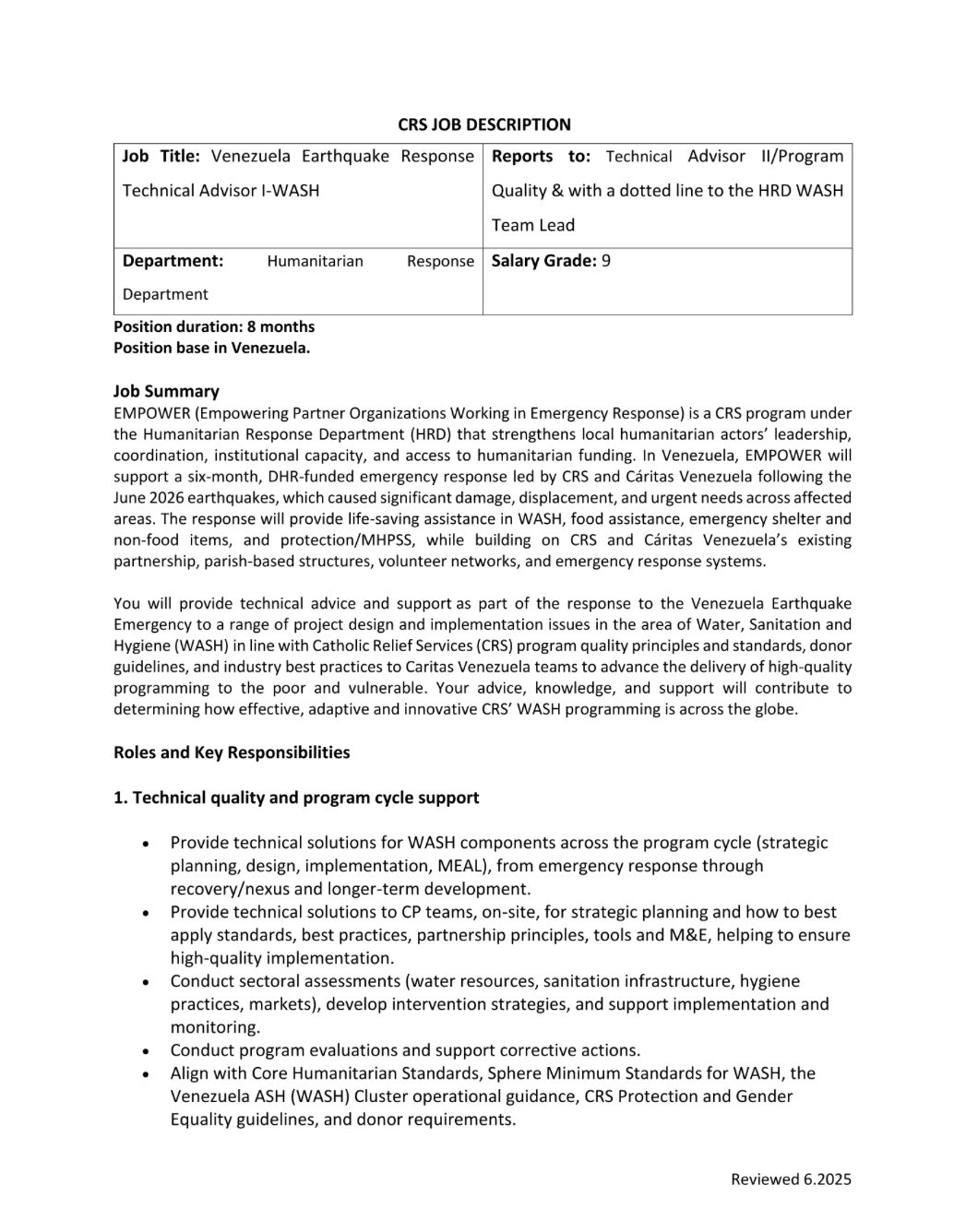 Vacante – Technical Advisor I – WASH (Catholic Relief Services Latinoamérica y el Caribe)