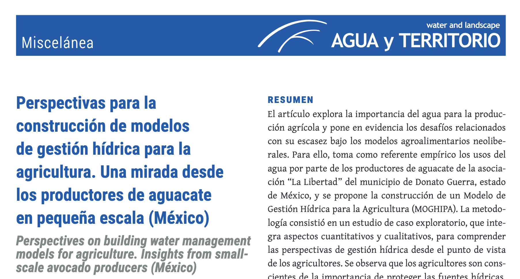 Perspectivas para la construcción de modelos de gestión hídrica para la agricultura. Una mirada desde los productores de aguacate en pequeña escala (México) (Agua y territorio))