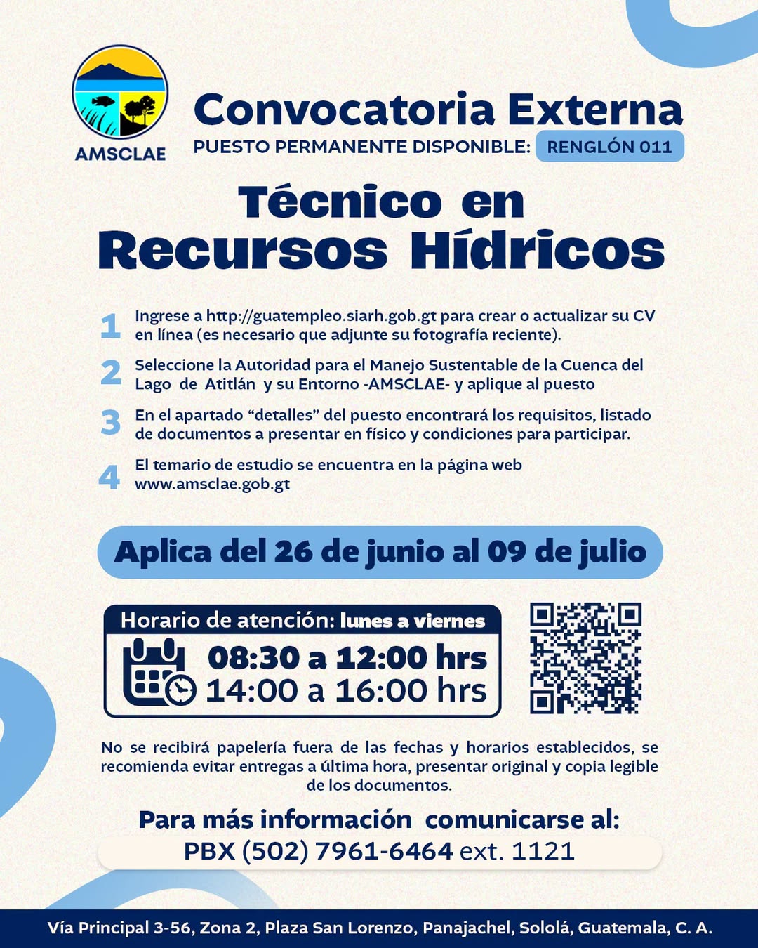 Convocatoria externa para Técnico en Recursos Hídricos (AMSCLAE)