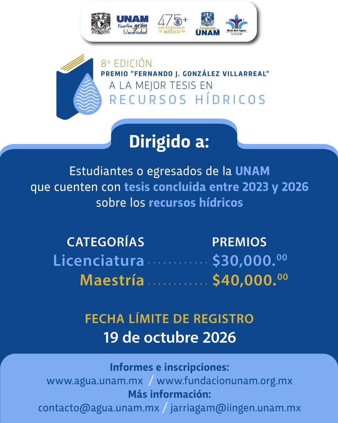 Premio – 8va edición del Premio “Fernando J. González Villarreal” a la Mejor Tesis en Recursos Hídricos (Agua UNAM)