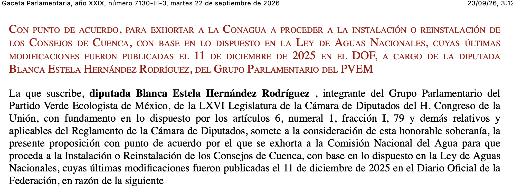 Con punto de acuerdo, para exhortar a la Conagua a proceder a la instalación o reinstalación de los Consejos de Cuenca (Gaceta Parlamentaria)