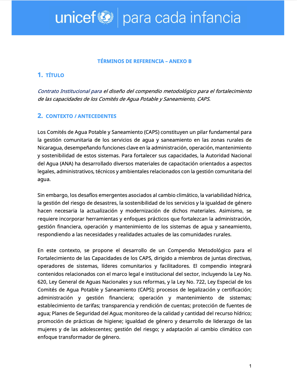Convocatoria – Contrato Institucional para el diseño del compendio metodológico para el fortalecimiento de las capacidades de los Comités de Agua Potable y Saneamiento, CAPS (UNICEF Nicaragua)